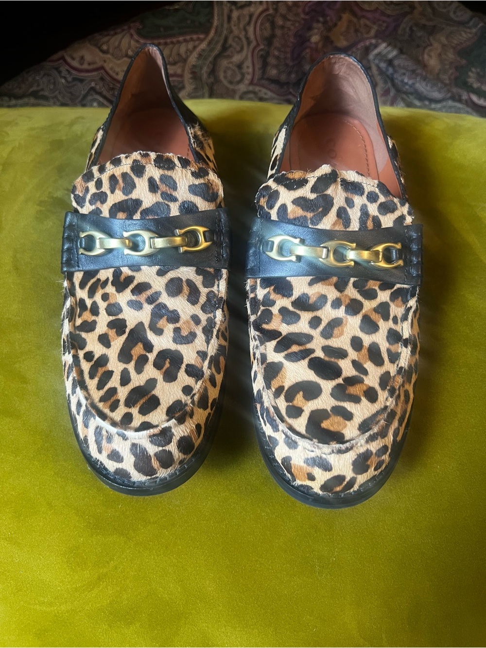 Coach Women's Leopard Print Loafers with Black Strap and Gold Chain